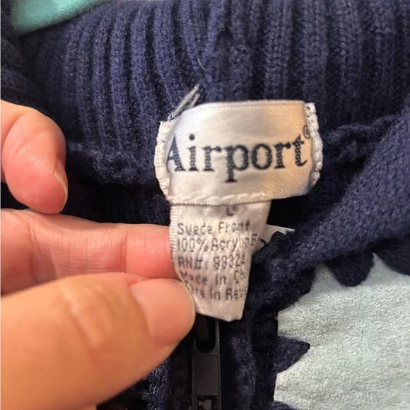 Airport Vintage Blue Patchwork Suede Hooded Women's Jacket Sweater Size L - Picture 7 of 8